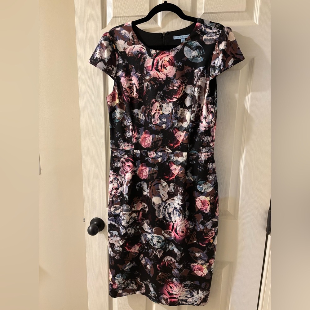 ANTONIO MELANI Black and Pink Floral Midi Dress Size 14